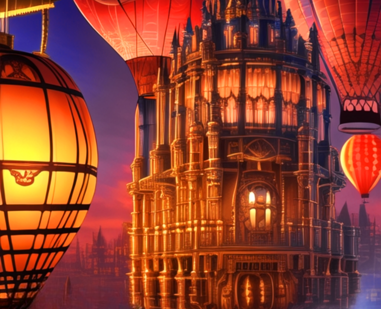 Torre del reloj de la nebulosa Nihon en medio de engranajes que apuntan al cielo