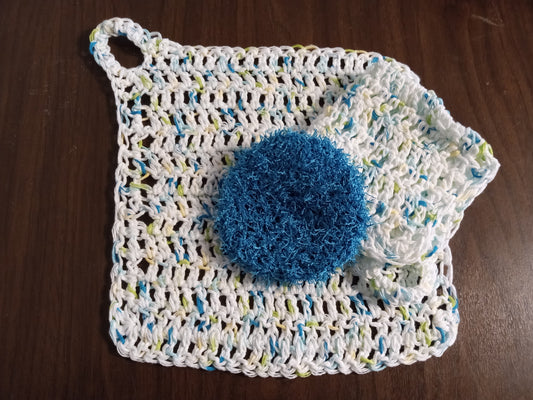 White with Blue/Green/Yellow specks dish cloths and Scrub Eaze Scrubby