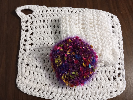 White Dishcloth with Multi Purple Scrub Eaze Scrubby