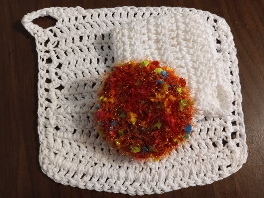 White Dishcloth with Multi Orange Scrub Eaze Scrubby