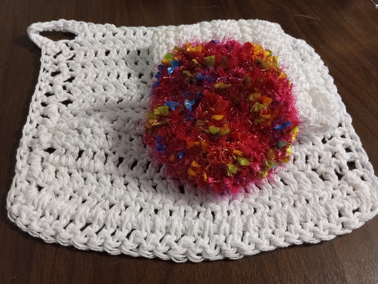 White Dishcloth with Multi Dark Pink Scrub Eaze Scrubby