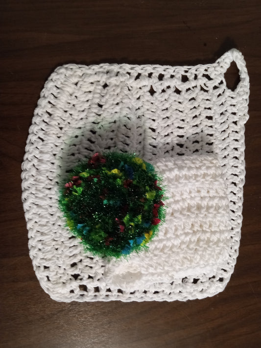 White Dishcloth with Multi Dark Green Scrub Eaze Scrubby