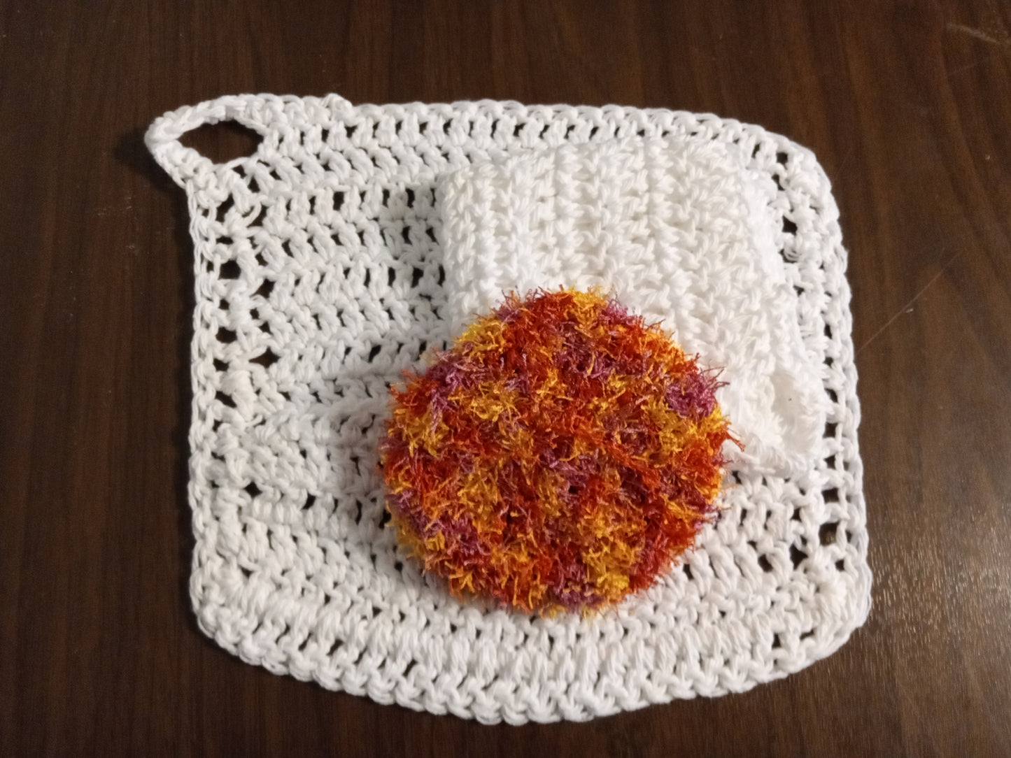 White Dishcloth with Orange/Pink/Yellow Scrub Eaze Scrubby