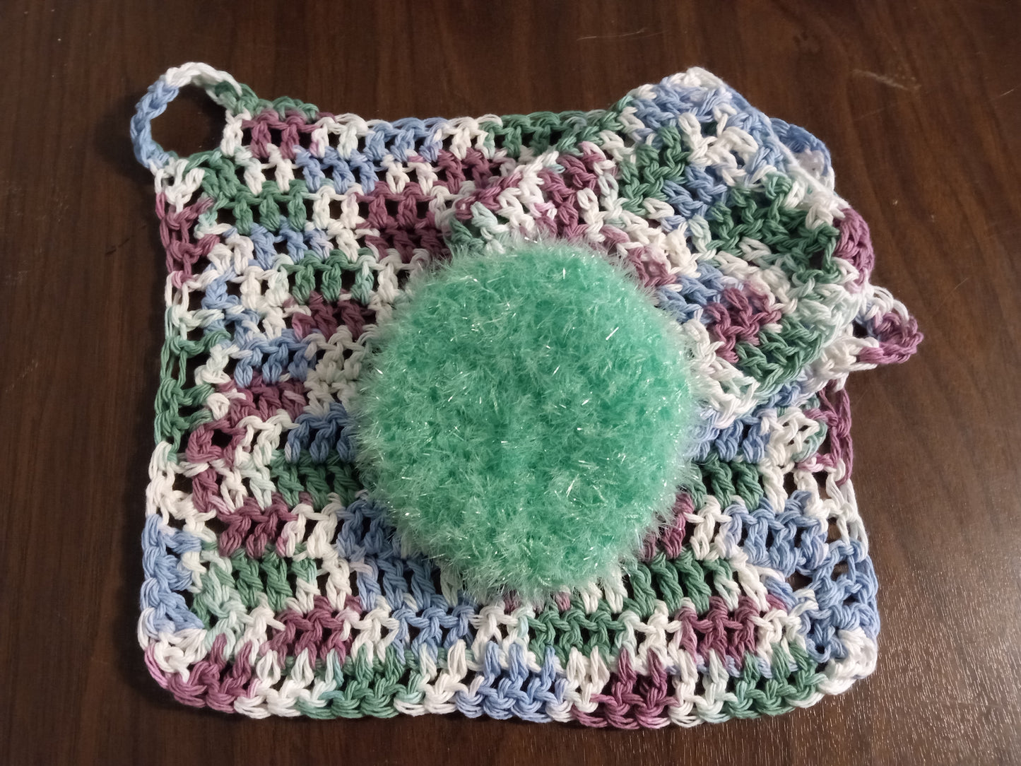 Blue/Purple/White Dishcloth with Light Green Scrub Eaze Scrubby