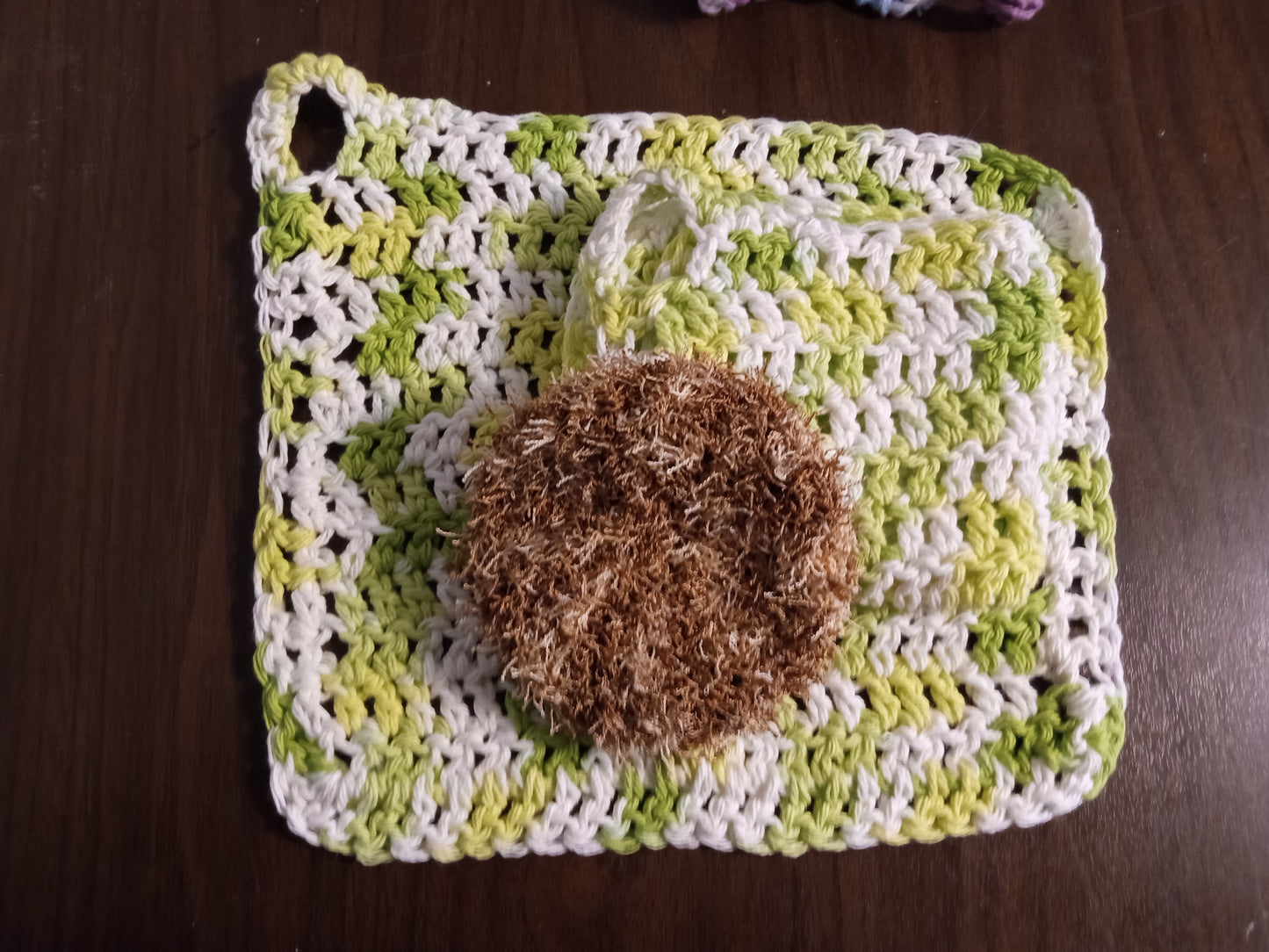 Green/Yellow/White Dishcloth with Tan Scrub Eaze Scrubby