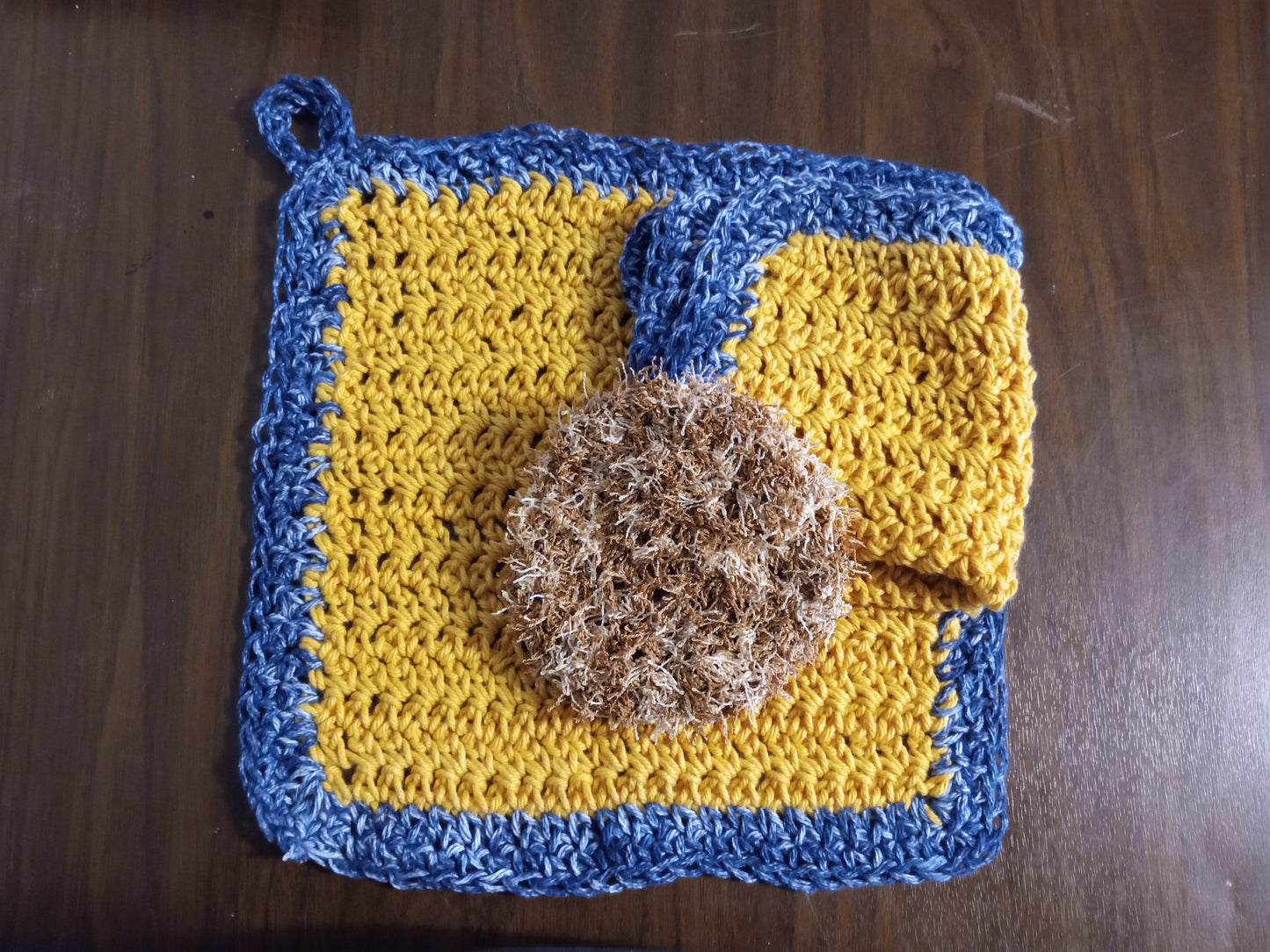 Gold/Denim Dishcloth with Tan Scrub Eaze Scrubby